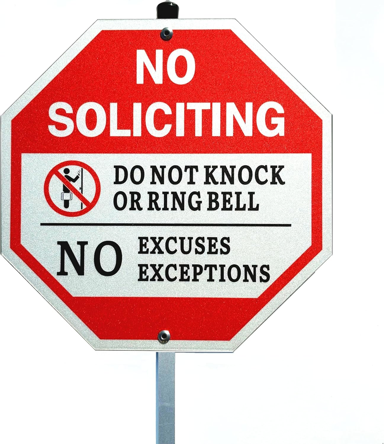 Letrero No Soliciting aluminio inox 10x10pulg con estaca 28pulg