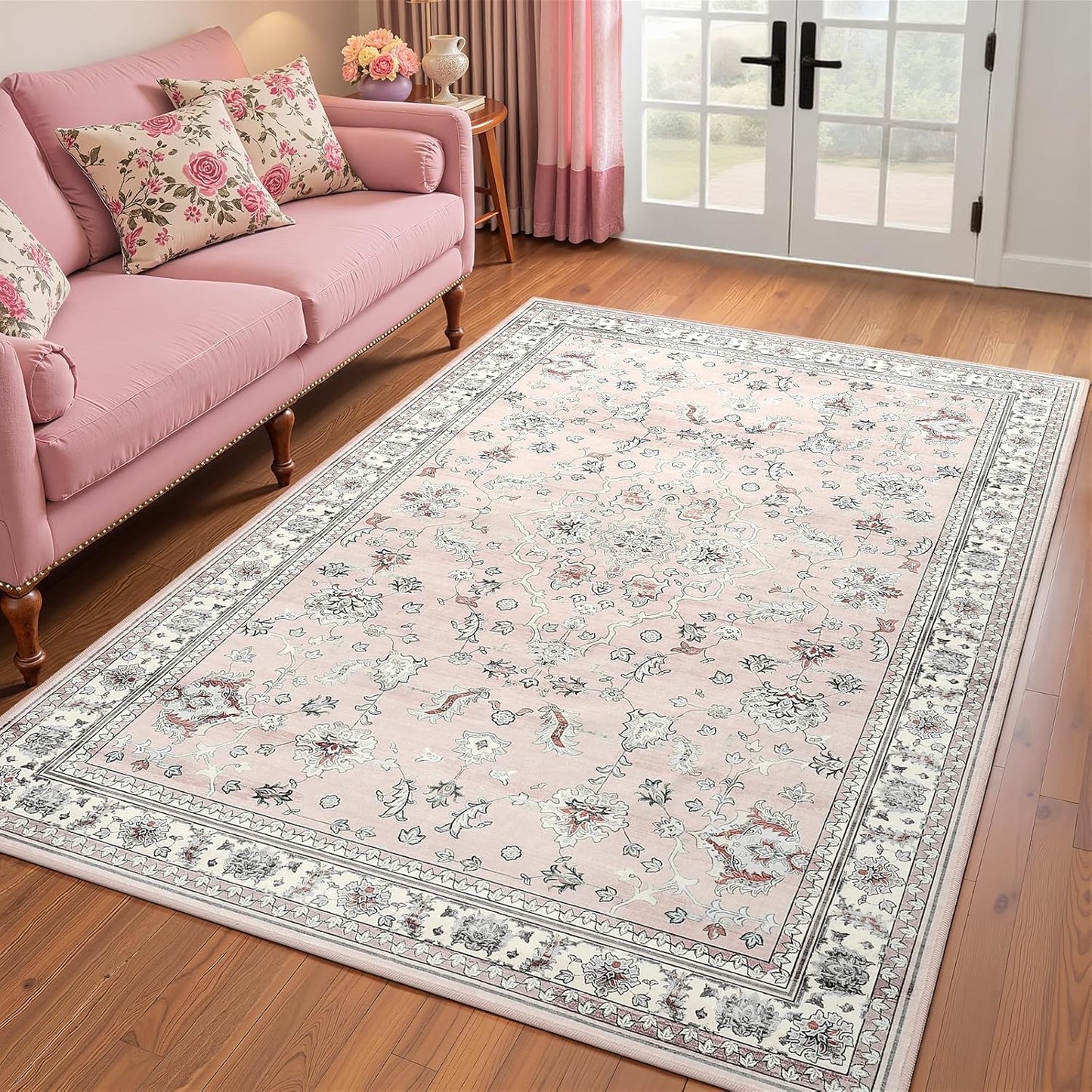 Alfombra boho rosa claro pelo bajo sala dormitorio
