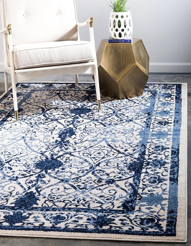 Alfombra área 5x8ft azul/marfil estilo vintage
