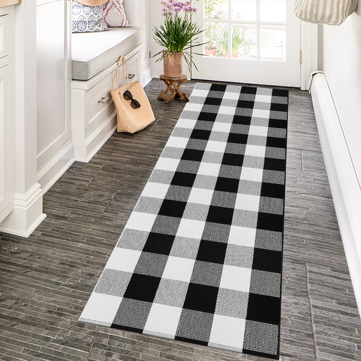 Alfombra pasillo cuadros 2x6ft algodón negro blanco