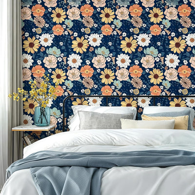 Papel tapiz floral bohemio azul marino 17.7x197pulg
