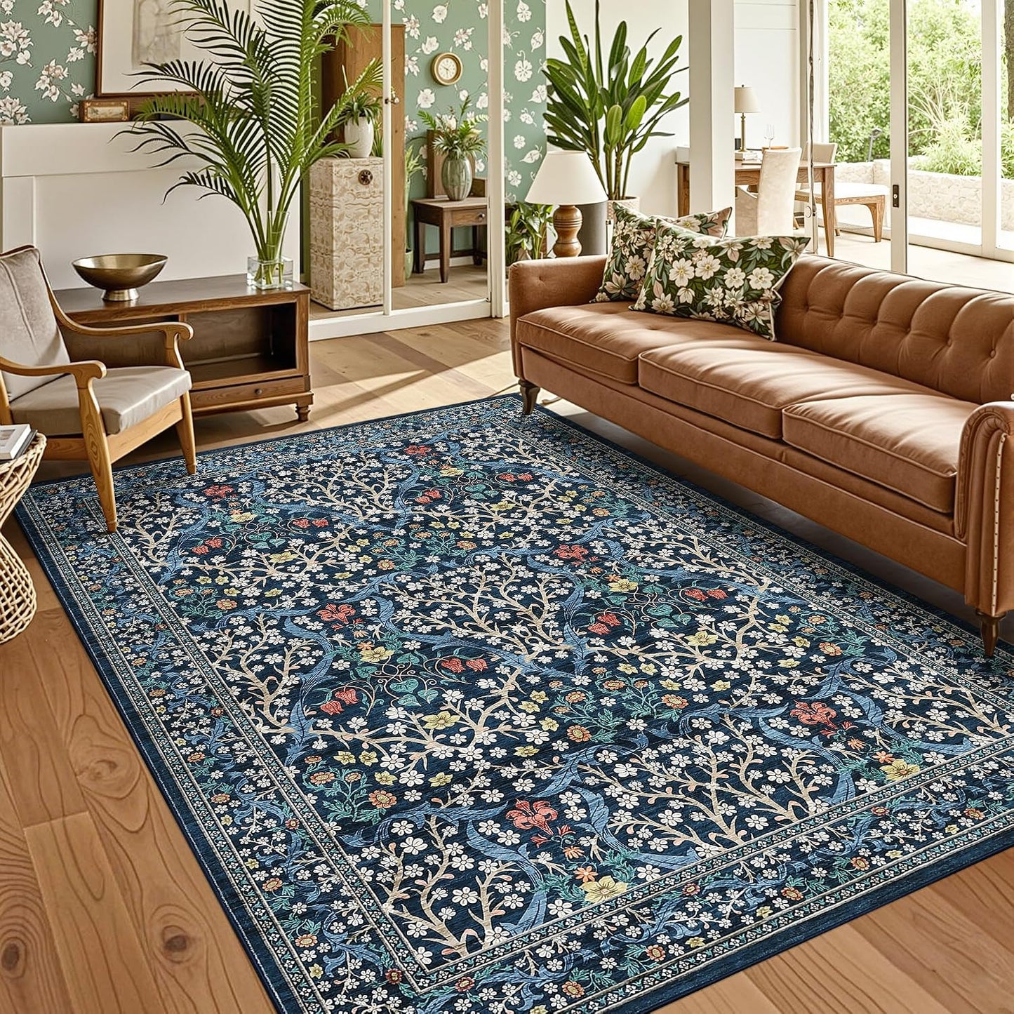 Alfombra floral azul antiderrap sala dormitorio boho