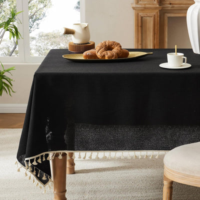 Mantel lino borlas negro estilo granja 60x120pulg
