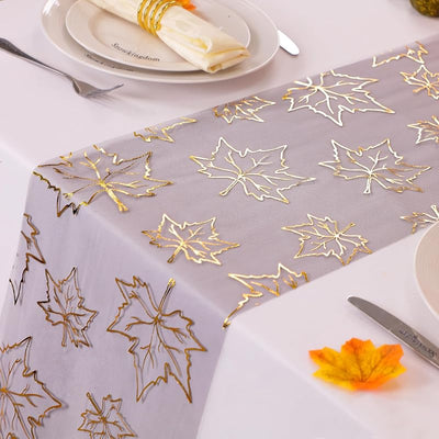 Decoración mesa otoño hojas arce doradas purpurina malla negra