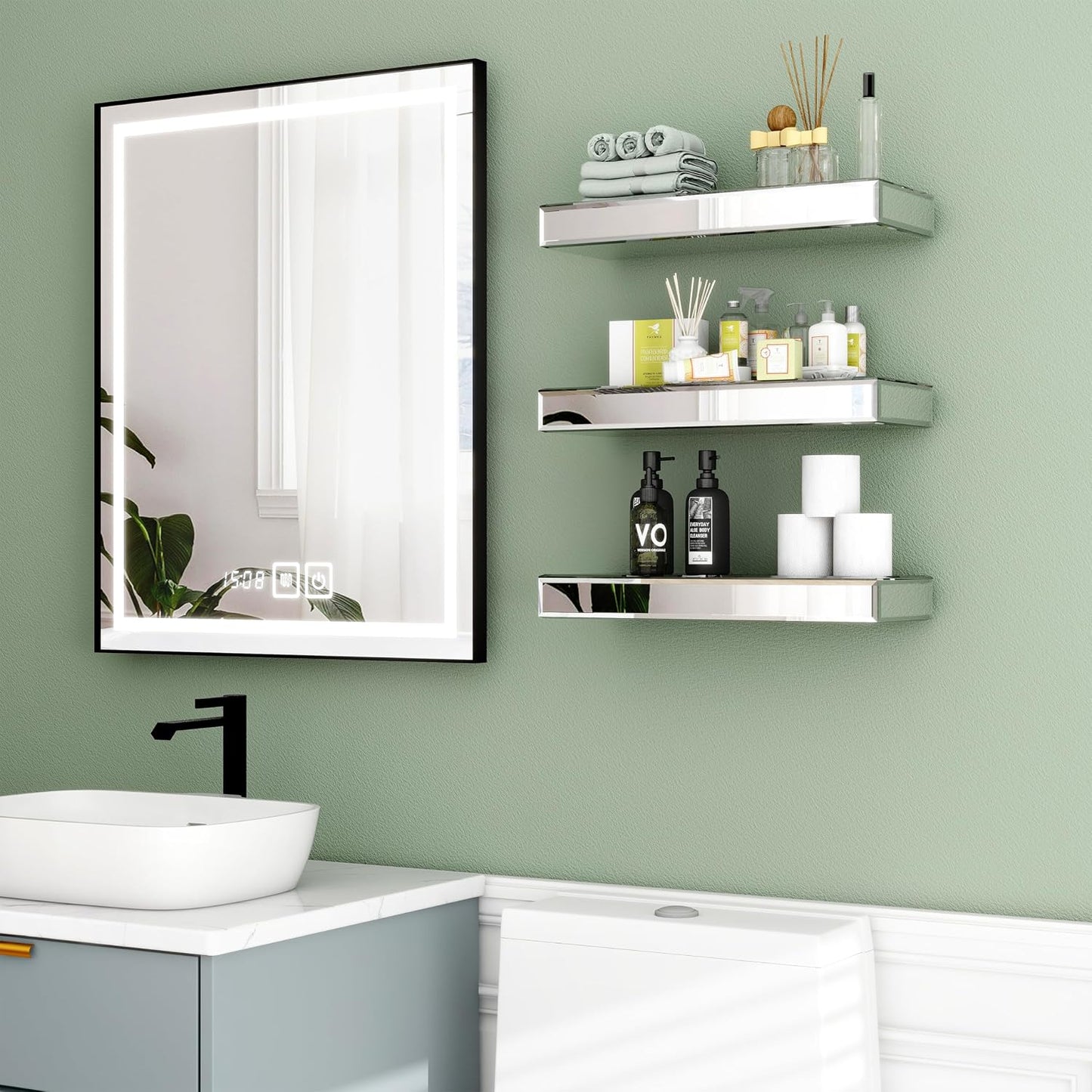 Estantes flotantes con espejo 3 Pzas cristal baño