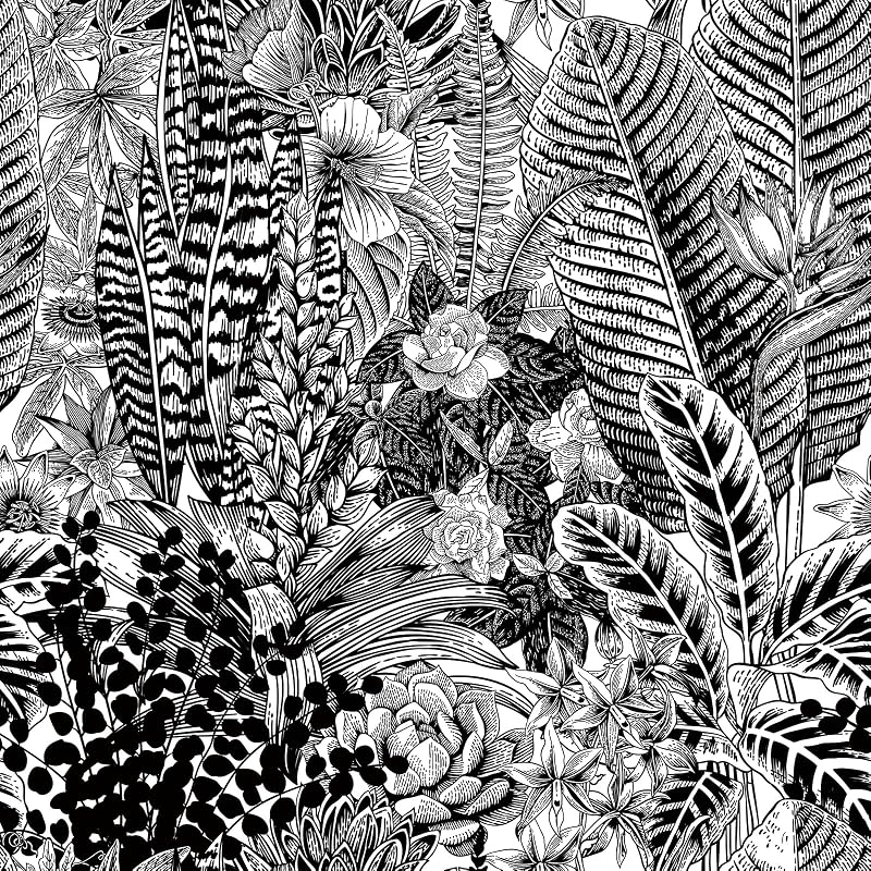Papel tapiz tropical negro y blanco despegable para baño