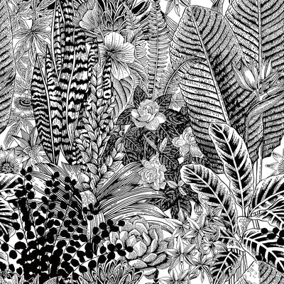 Papel tapiz tropical negro y blanco despegable para baño