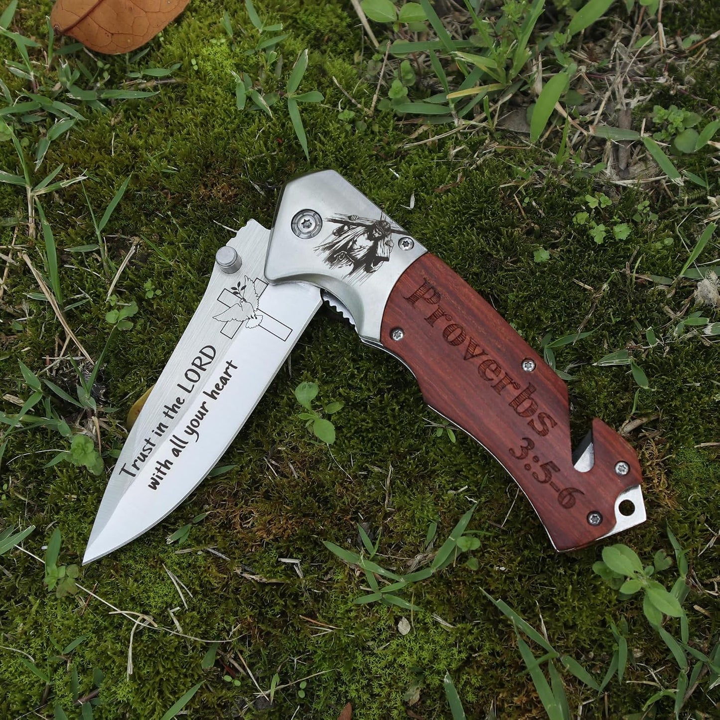 Cuchillo bolsillo religioso cristiano con cruz y versículo