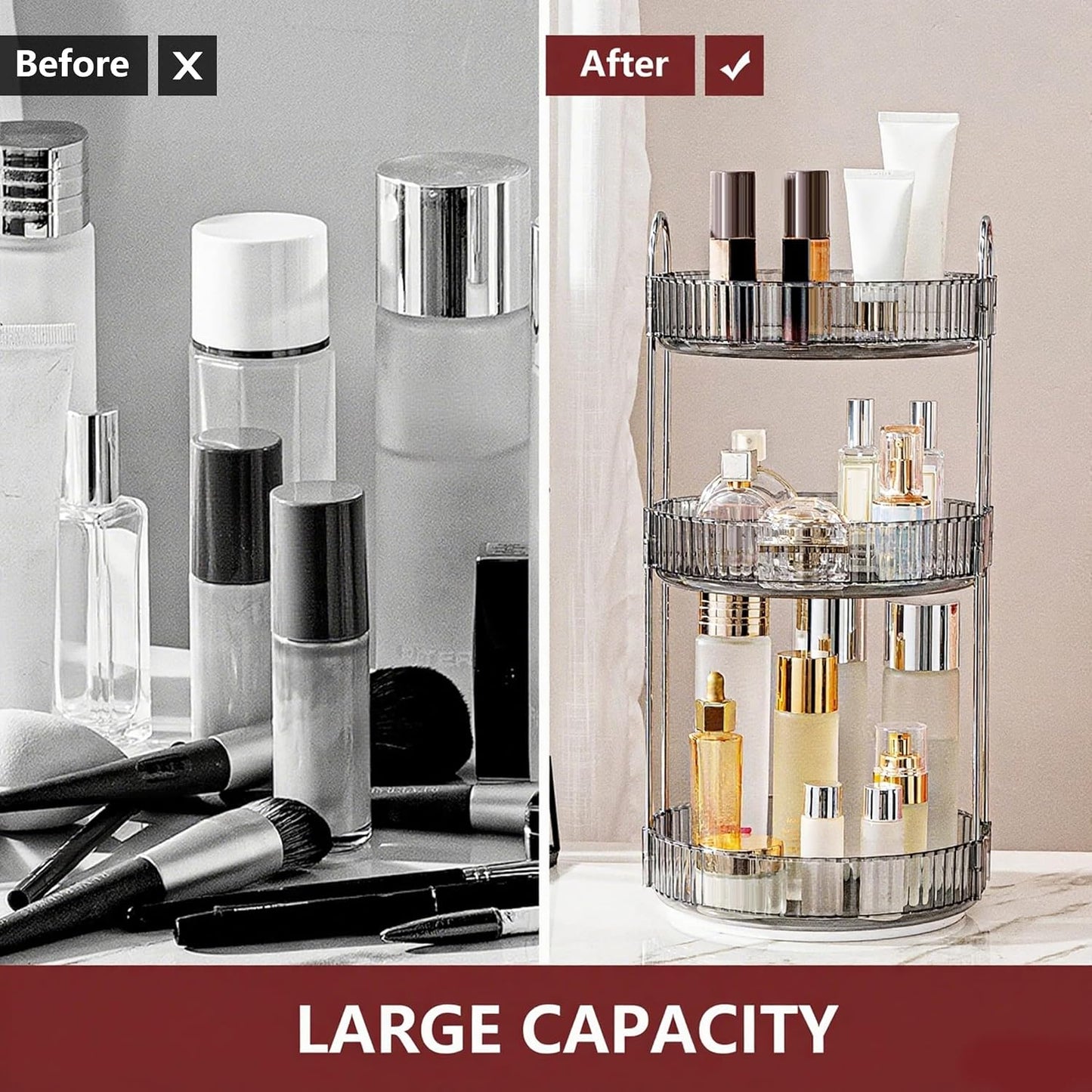 Organiz. maquillaje giratorio 360° 3 niveles gris