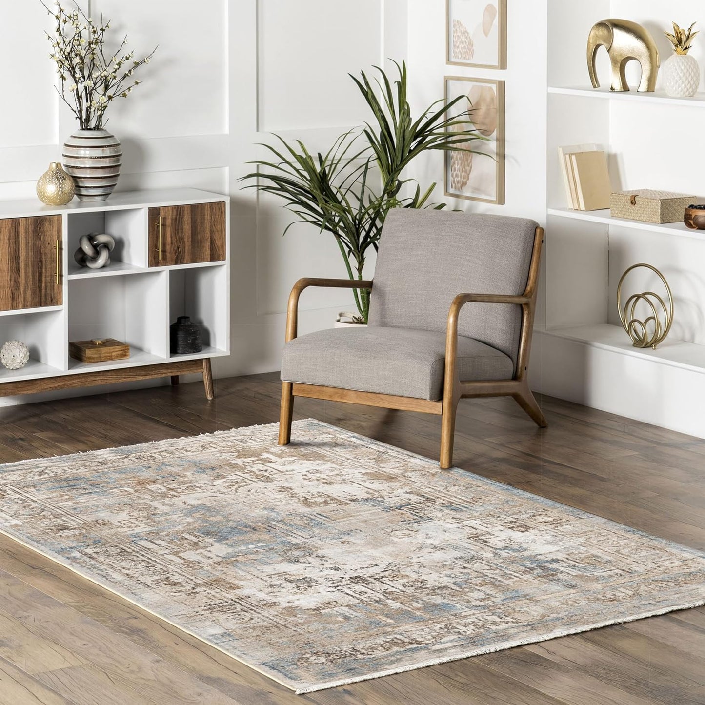 Alfombras felpilla antiderrap vintage pelo bajo beige-azul