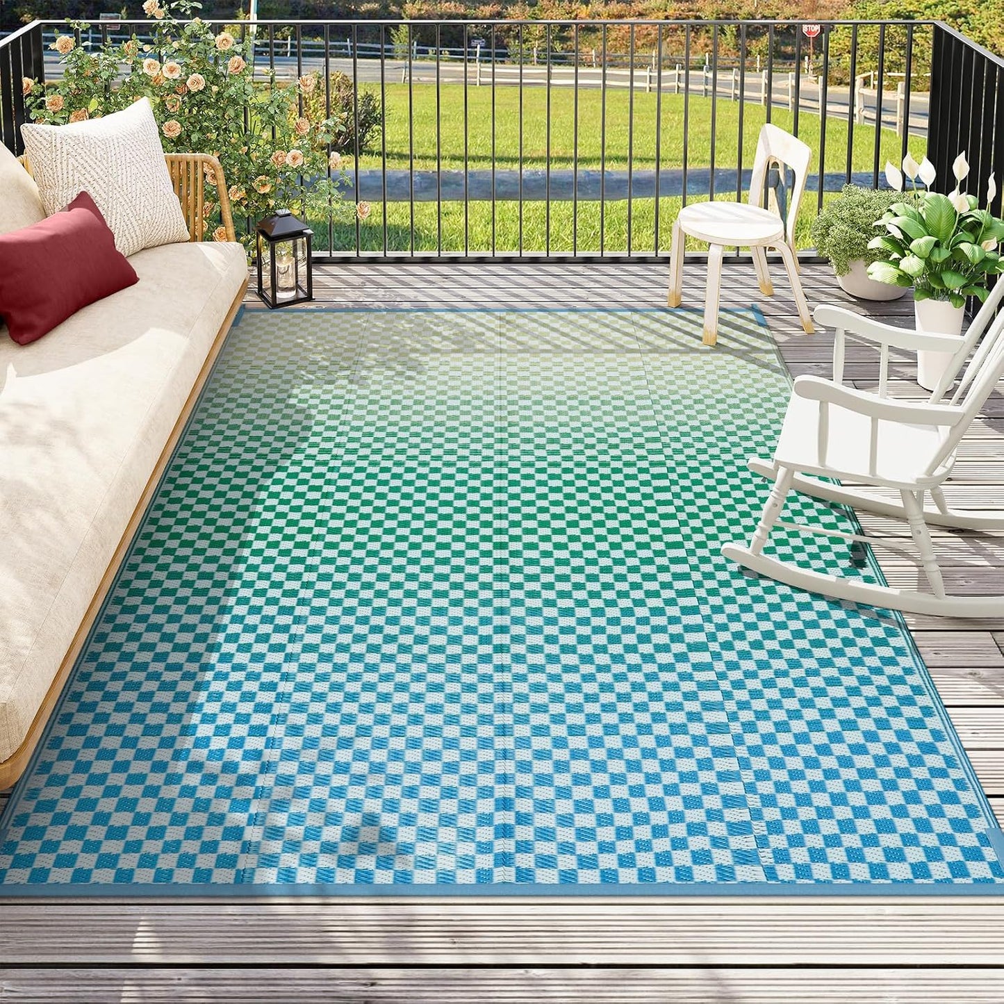 Alfombras plástico patio 8x10ft cuadros azul amarillo