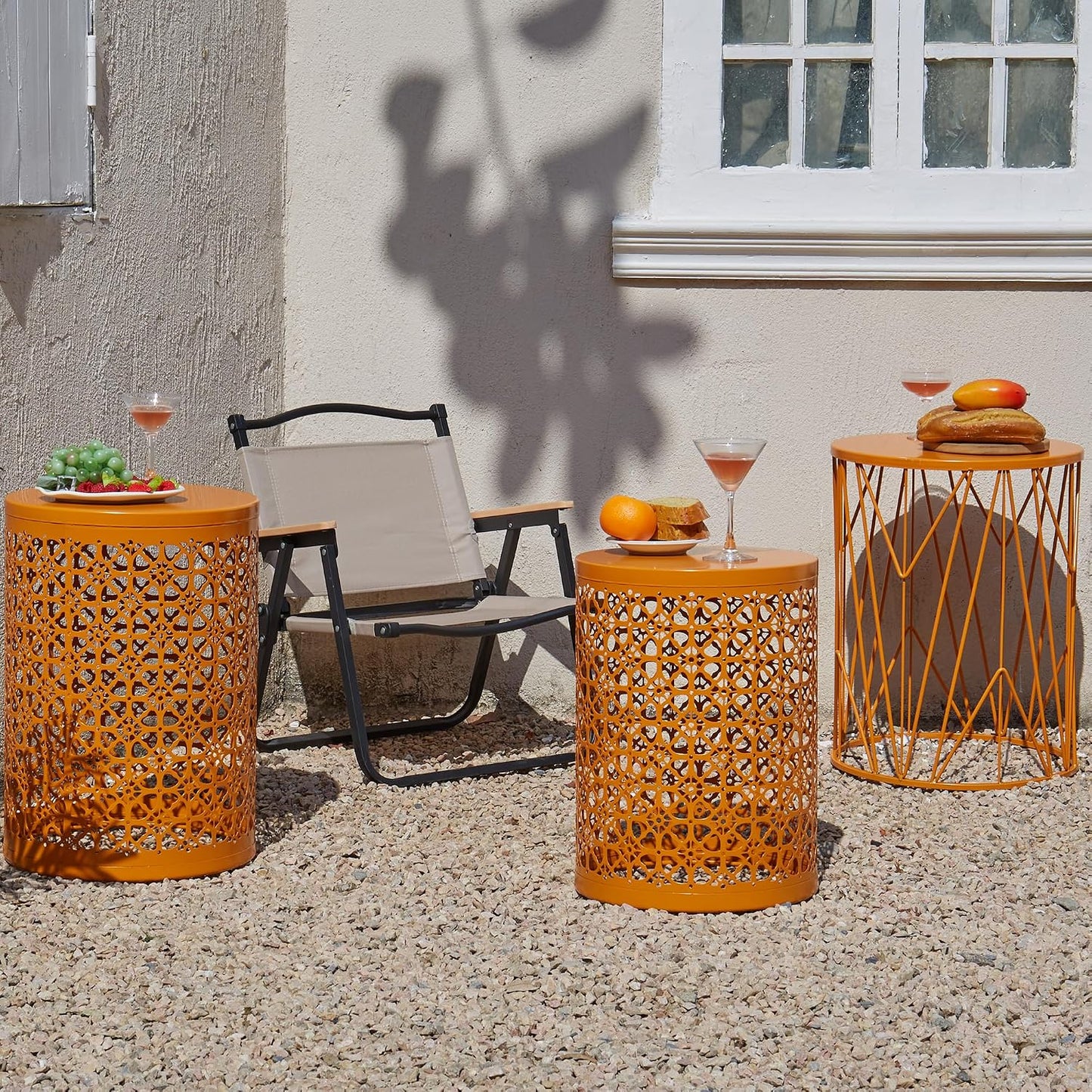 3 Pzas Mesas Auxiliares Redondas Apilables Metal Exteriores
