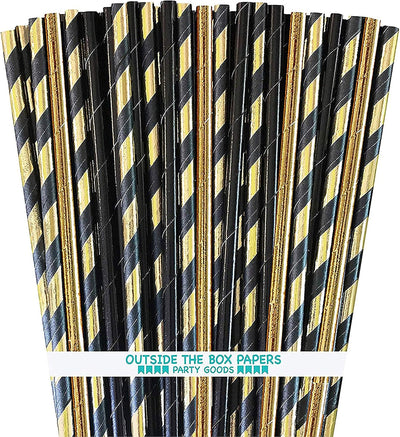 Pajitas aluminio negro y dorado rayas 7.75pulg pack 100