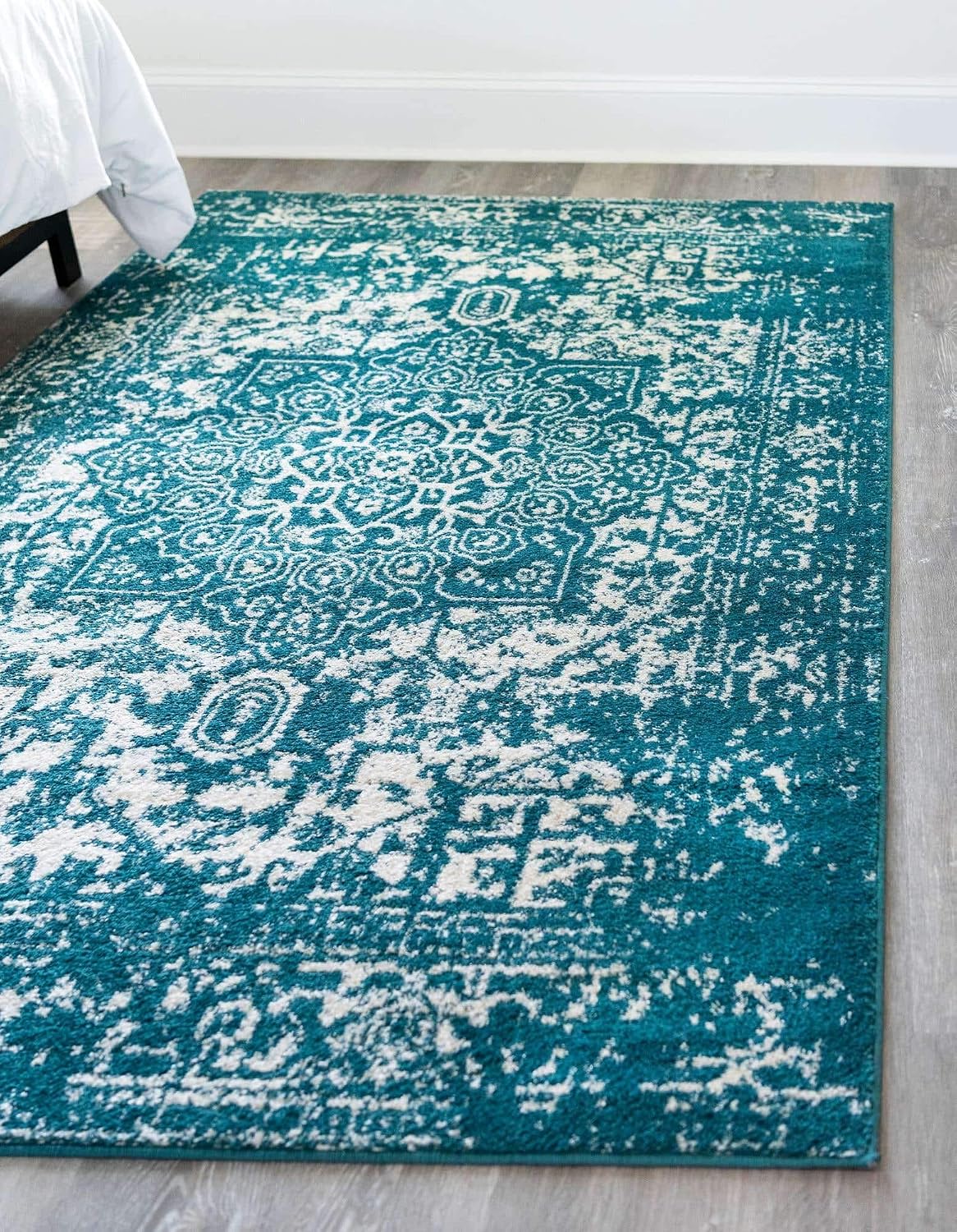 Alfombra área medallón 9x12pulg rectangular turquesa/marfil