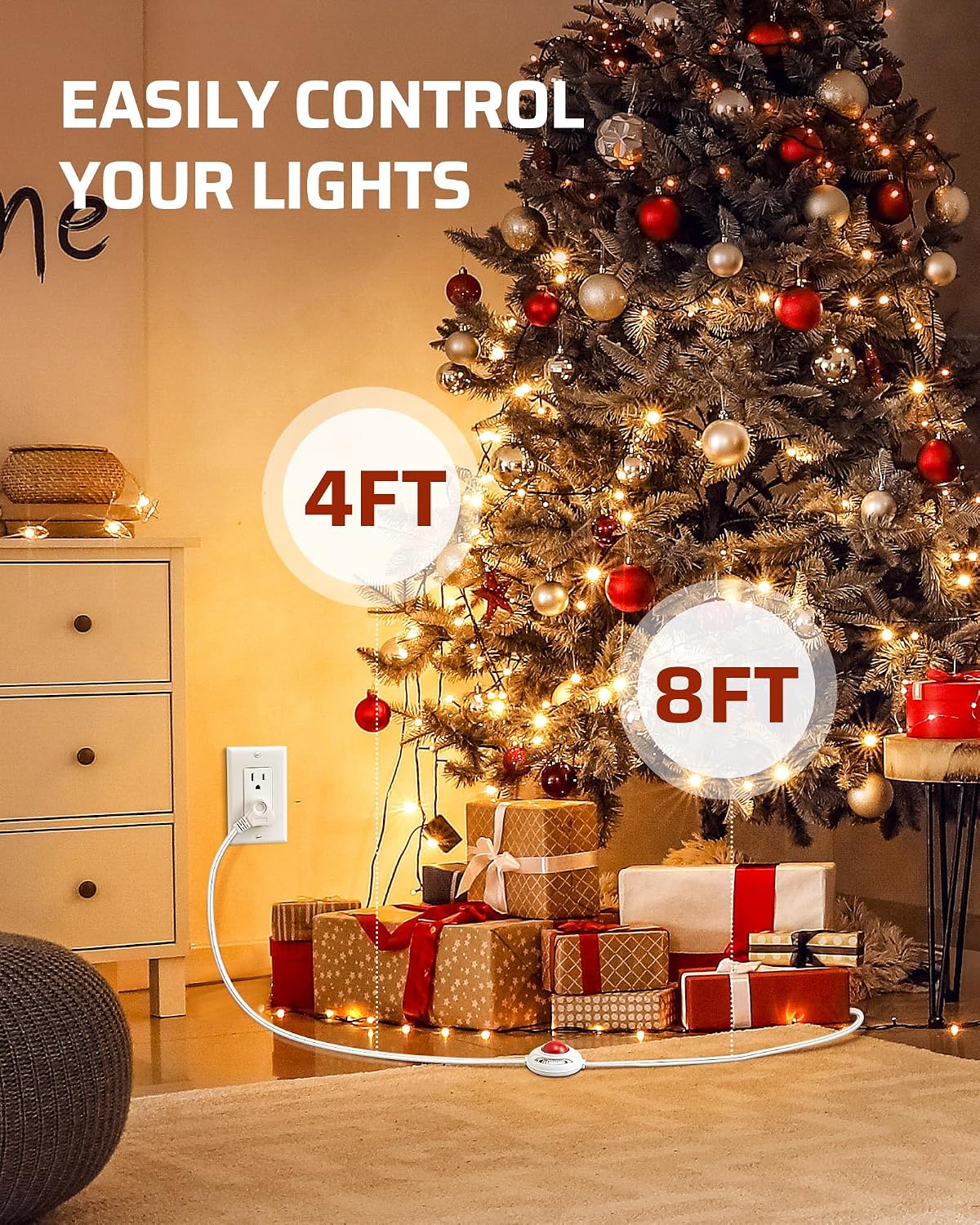 Cable luz navidad 12ft con interruptor enchufe plano 3 tomas