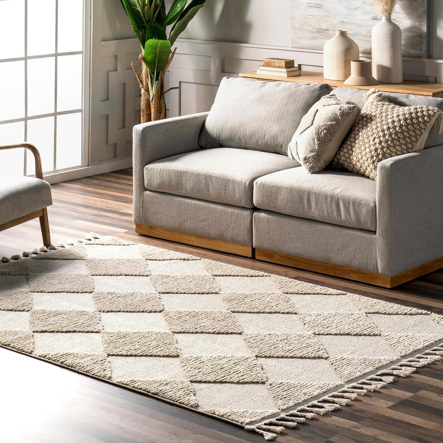 Alfombra dormitorio 6'7x9' diamante borla resistente manchas