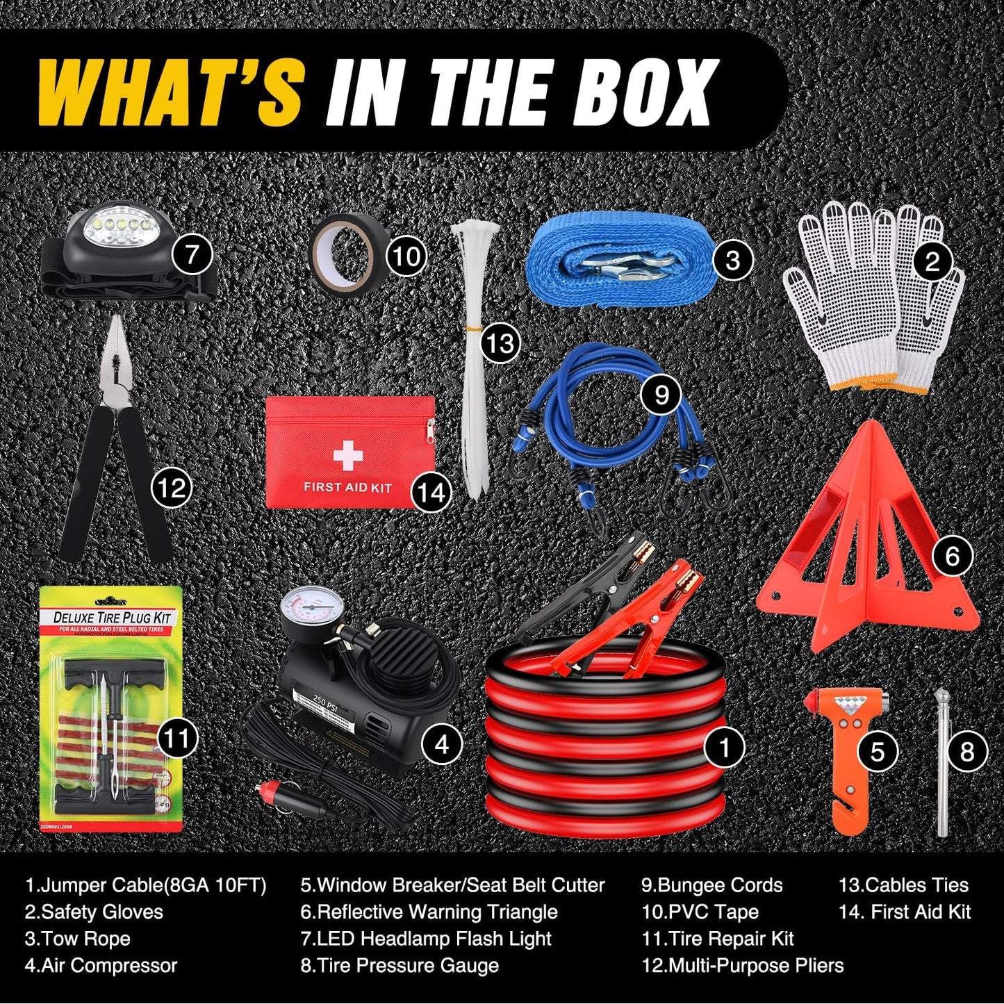 Kit emergencia coche con cables de arranque y linterna