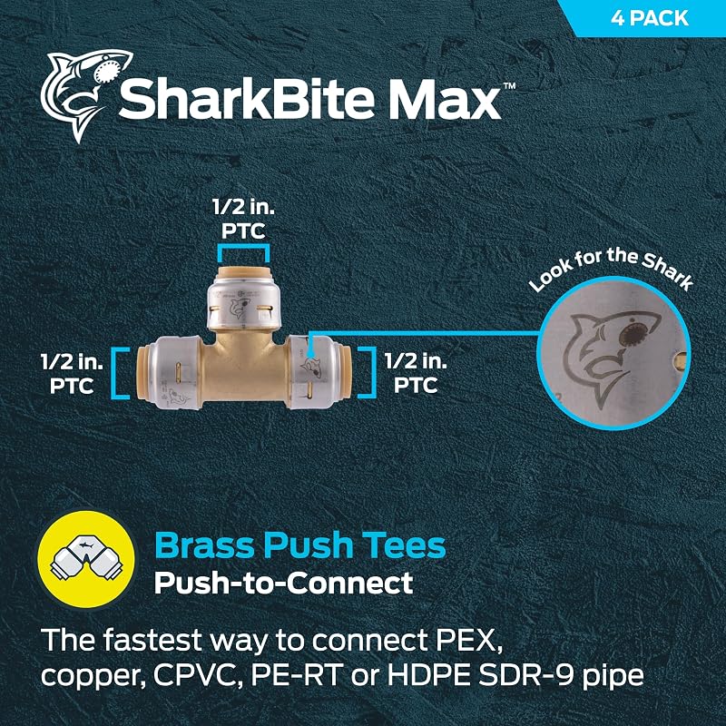 Tee 1/2" comp latón PEX cobre CPVC 4 Pzas