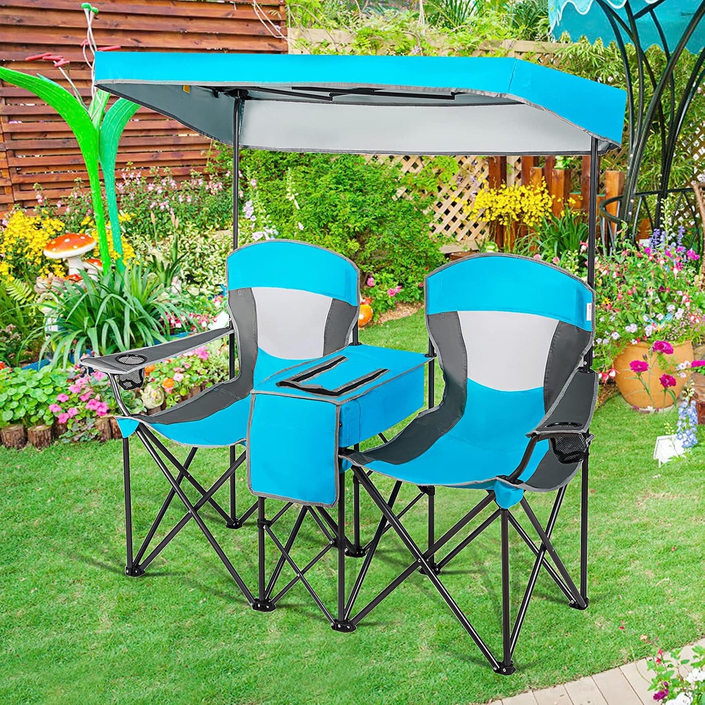 Asiento campamento doble con toldo mesa bebidas silla