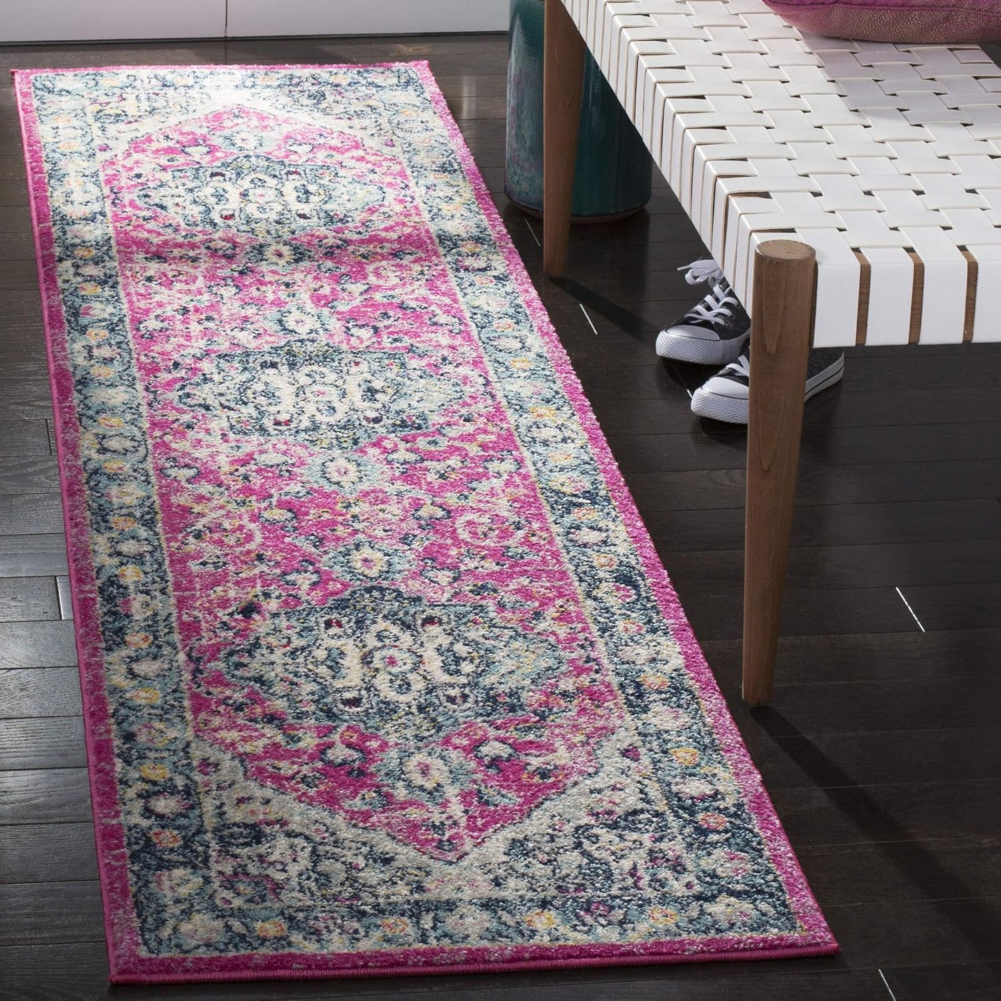 Alfombra pasillo 2x8ft diseño oriental fucsia aguamarina