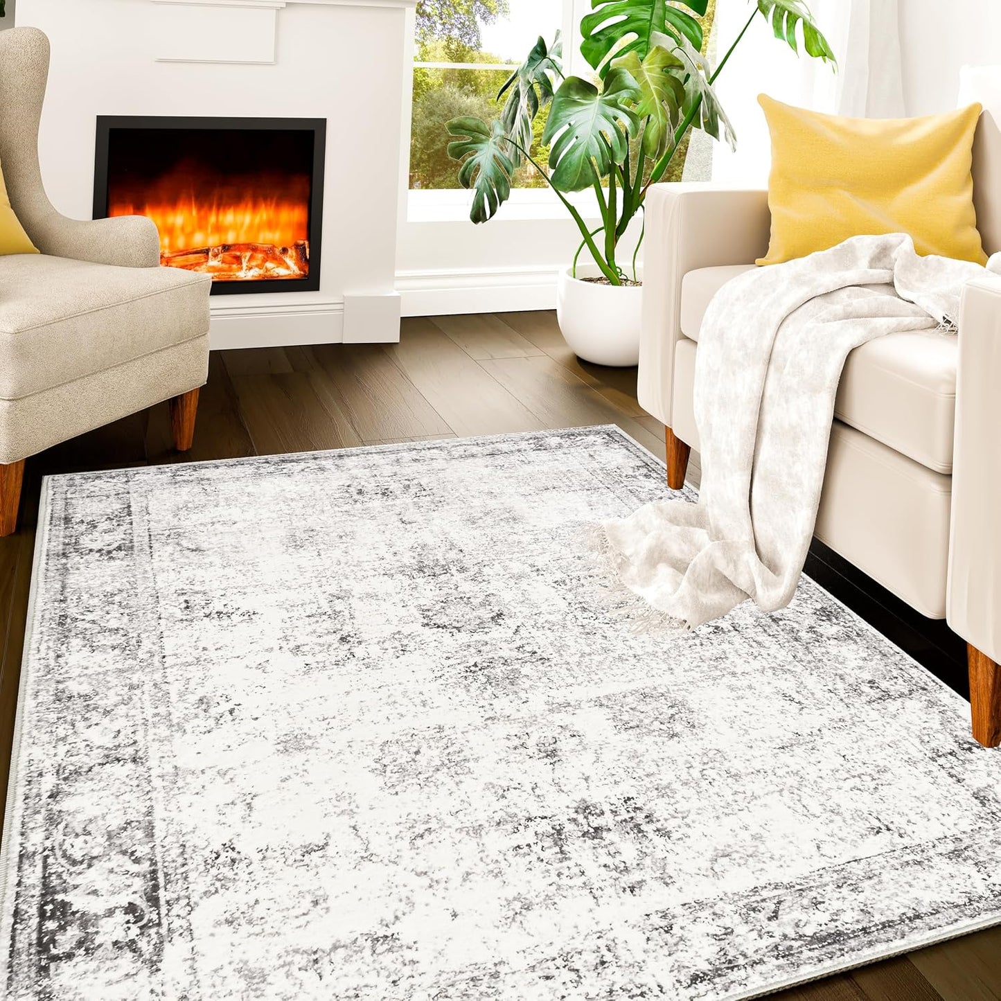 Alfombra área gris beige 3x5 lavable para niños y mascotas