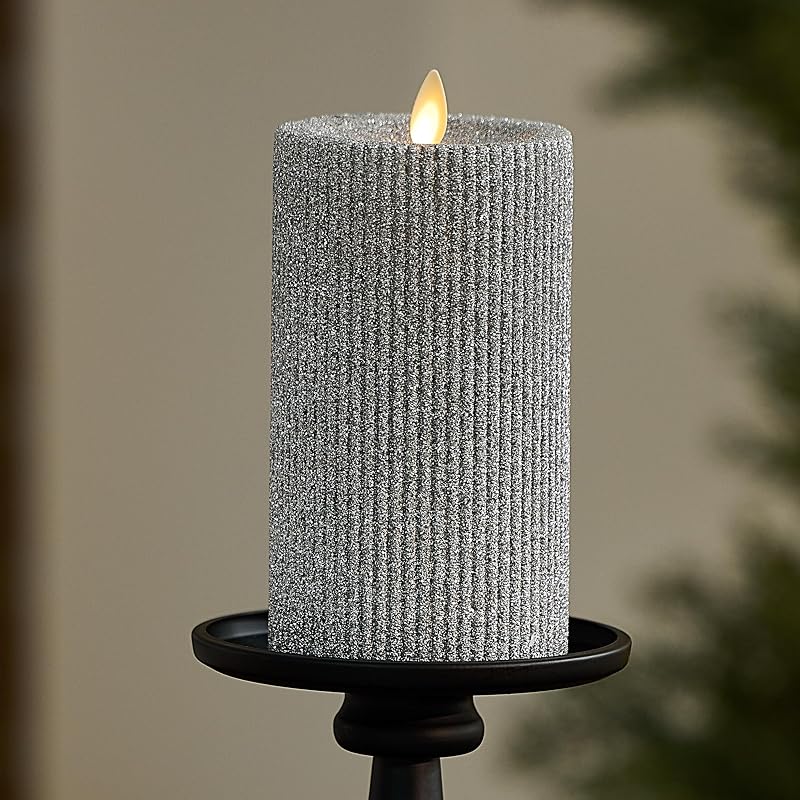 Vela LED plata purpurina sin llama forma pilar