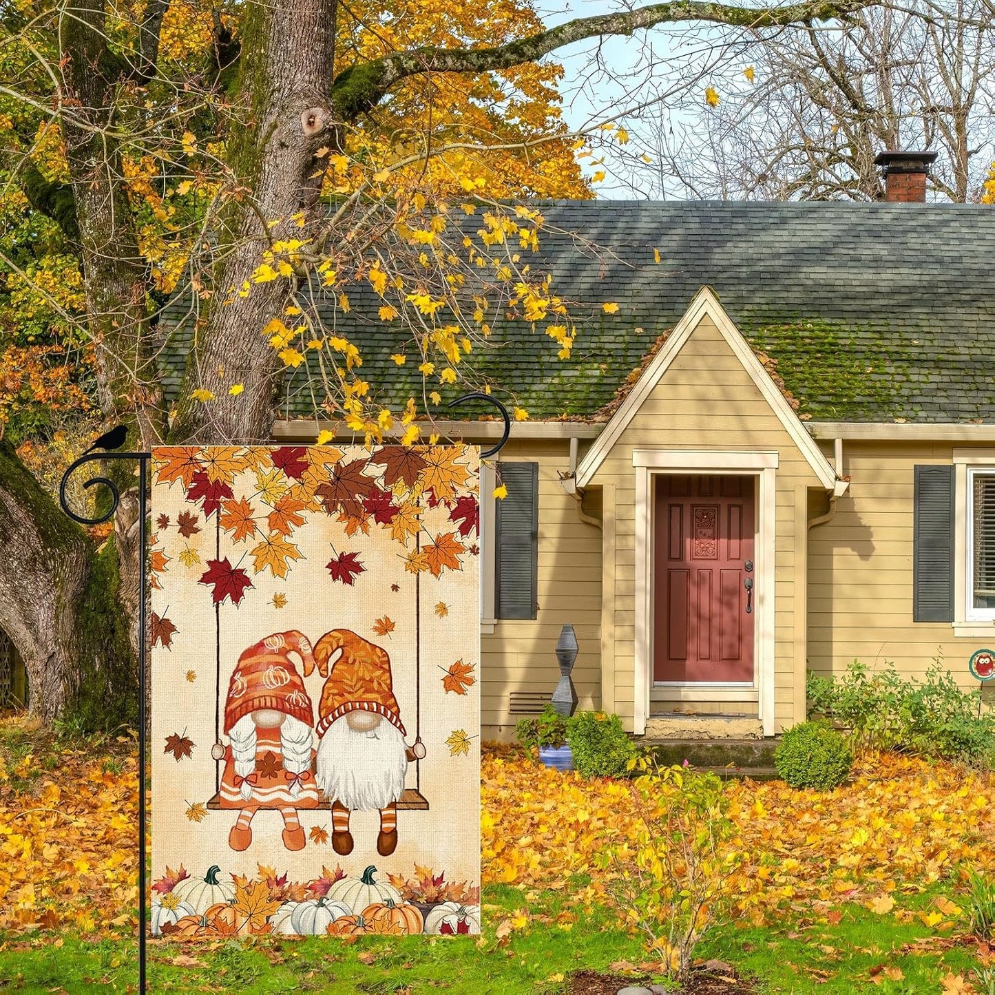 Bandera otoño gnomos hojas arce 12x18pulg doble cara exterior