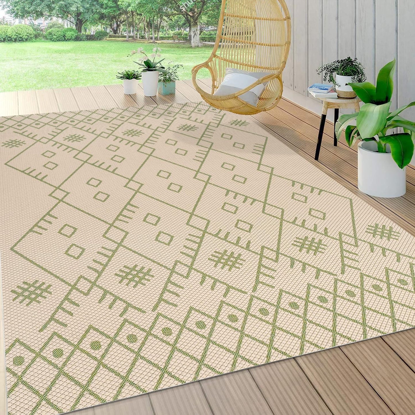 Tapete bohemio marroquí 5x8ft beige/verde para patio y