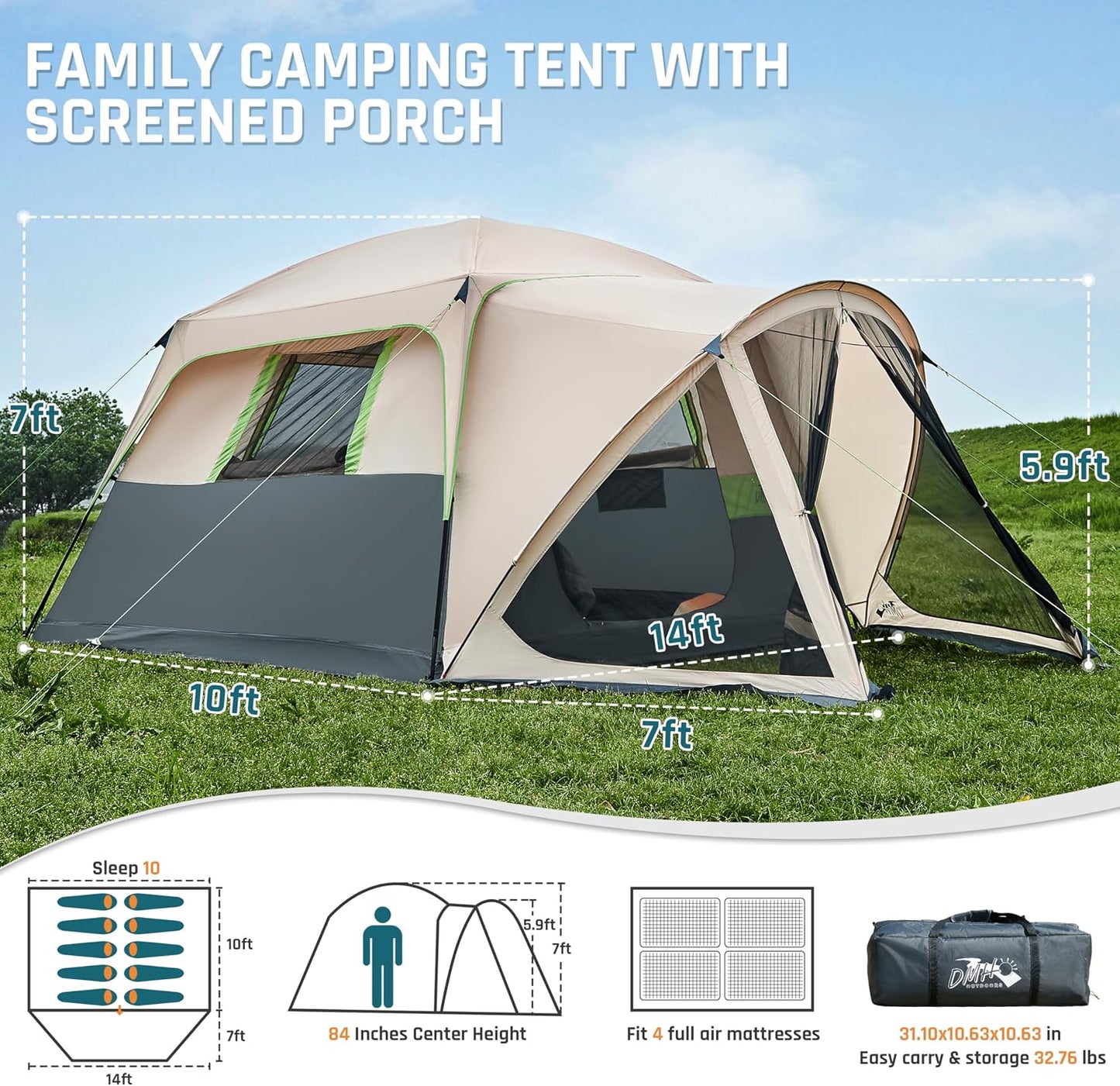 Carpa camping 6/8/10 personas porche mosquitero