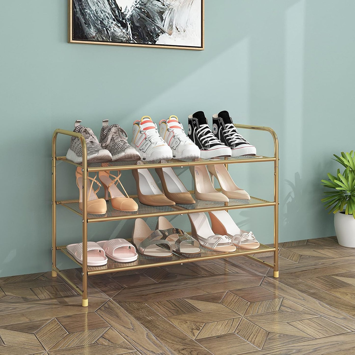 Zapatero apilable 3 niveles malla metal dorado