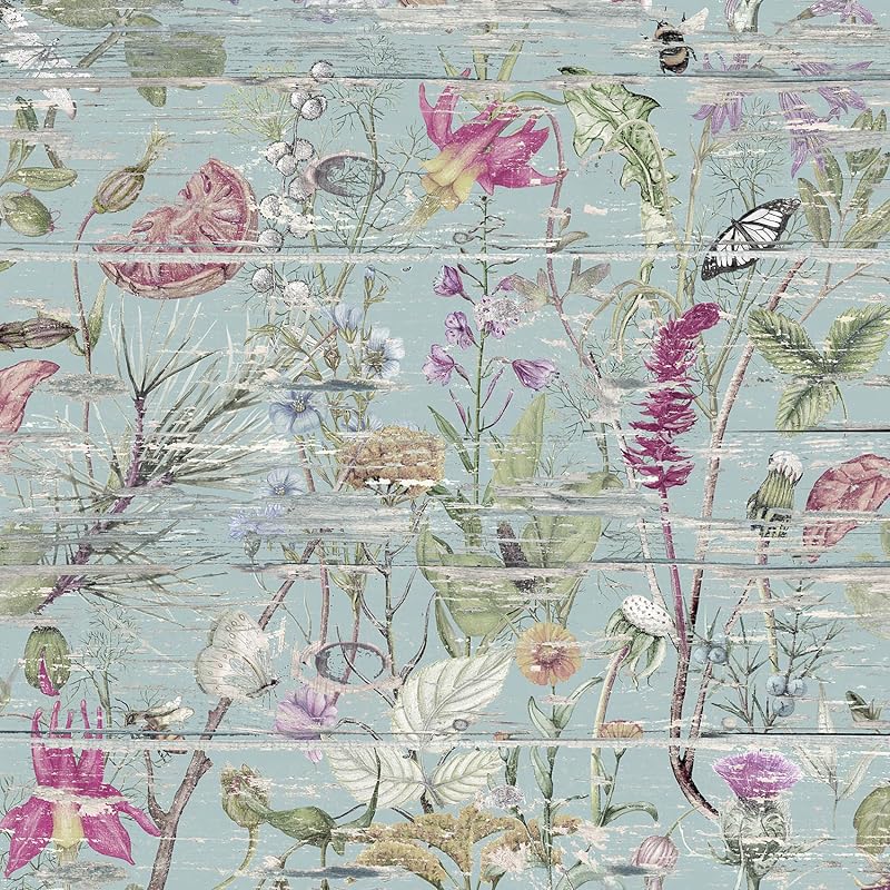 Papel tapiz floral madera 17.5x276" azul desgastado