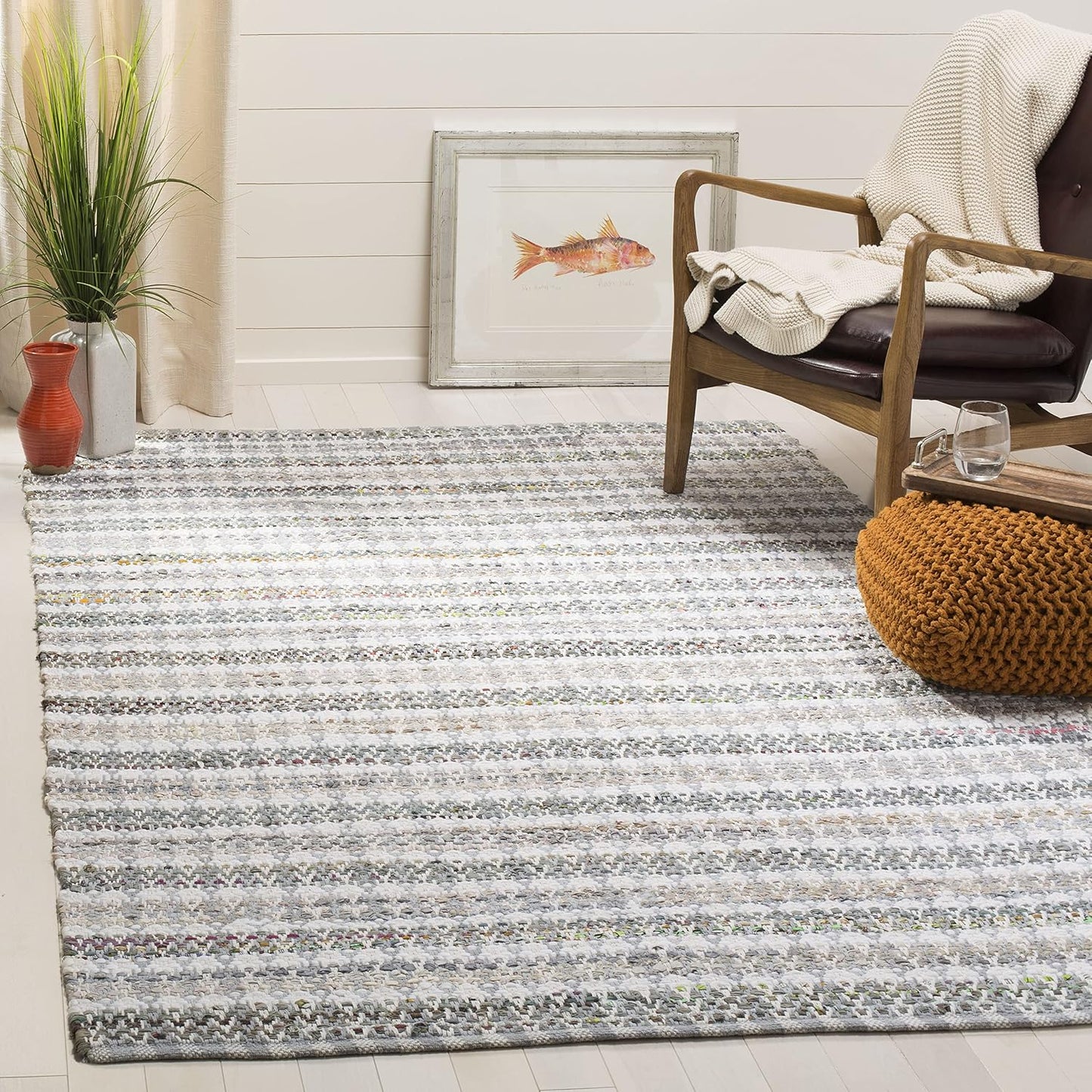 Alfombra decorativa 3x5ft gris y multicolor algodón mano