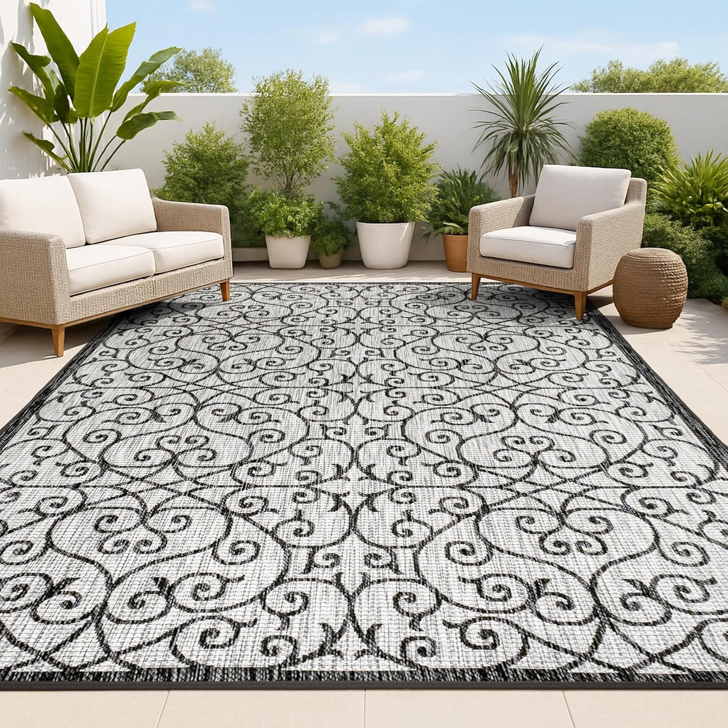 Alfombra vintage filigrana 5x8ft gris/negro texturizado
