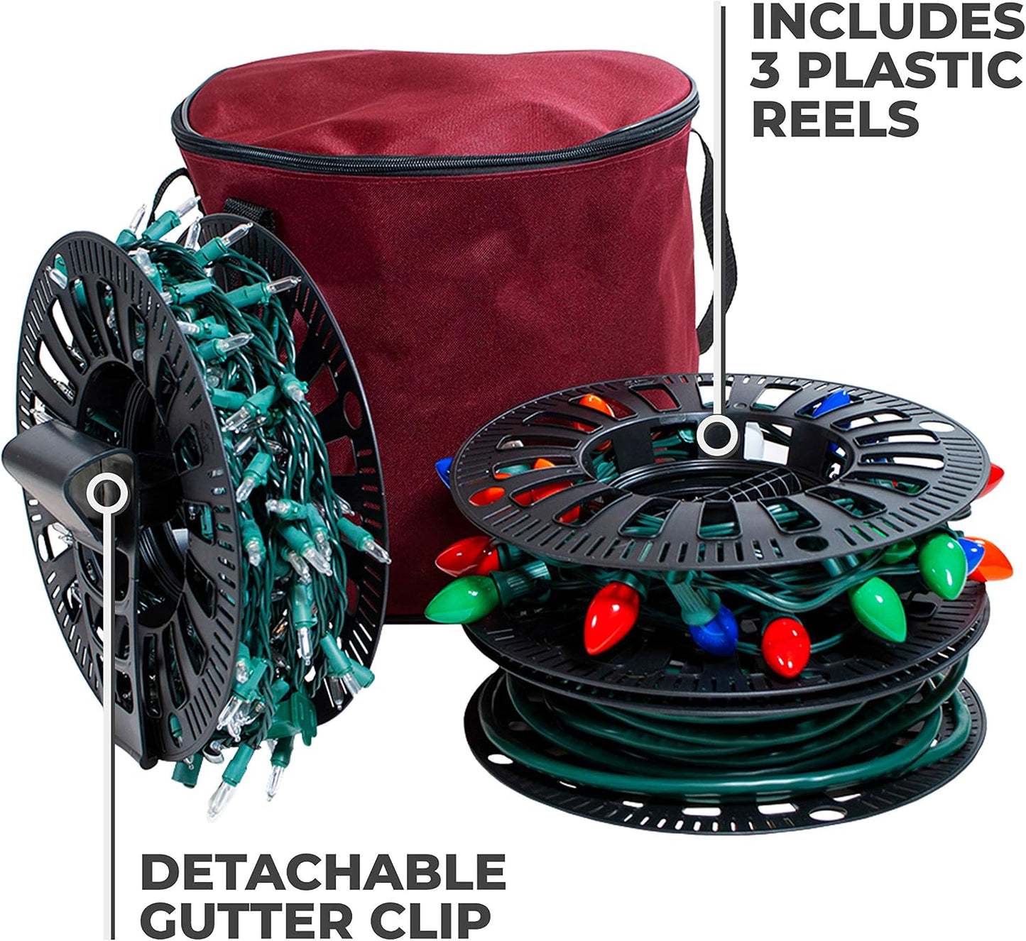 Soporte carrete luces navideñas 3 ruedas con bolsa poliéster