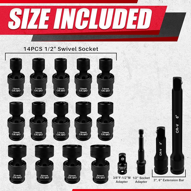 Set 18 Pzas Vasos Impacto Universal 1/2" CR-MO