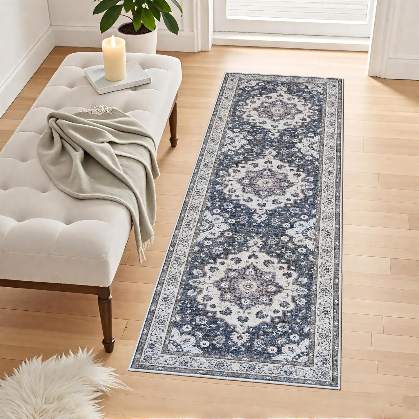 Alfombra Pasillo 2x6pulg Azul Vintage Pelo Bajo Antiderrap