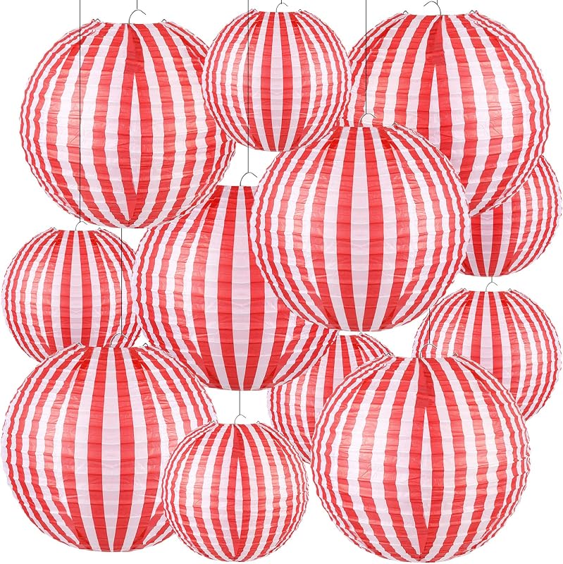 12 Linternas papel rayas rojas y blancas carnaval
