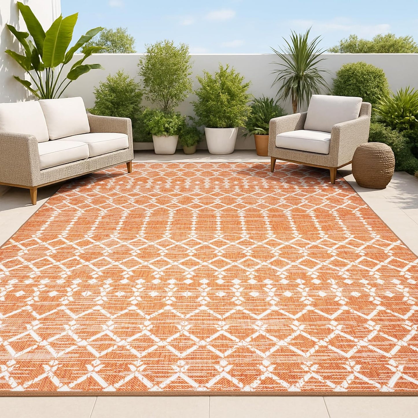 Tapete geométrico Ourika 3x5ft naranja/crema para patio