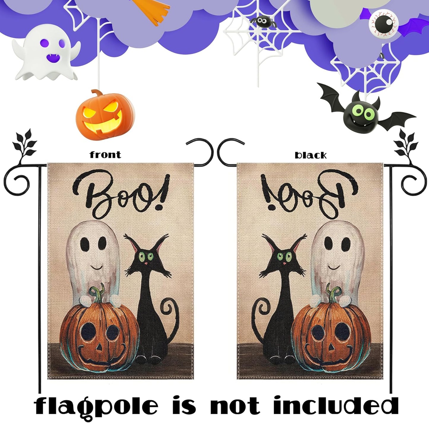Bandera Halloween fantasma gato 12x18pulg doble cara calabaza patio