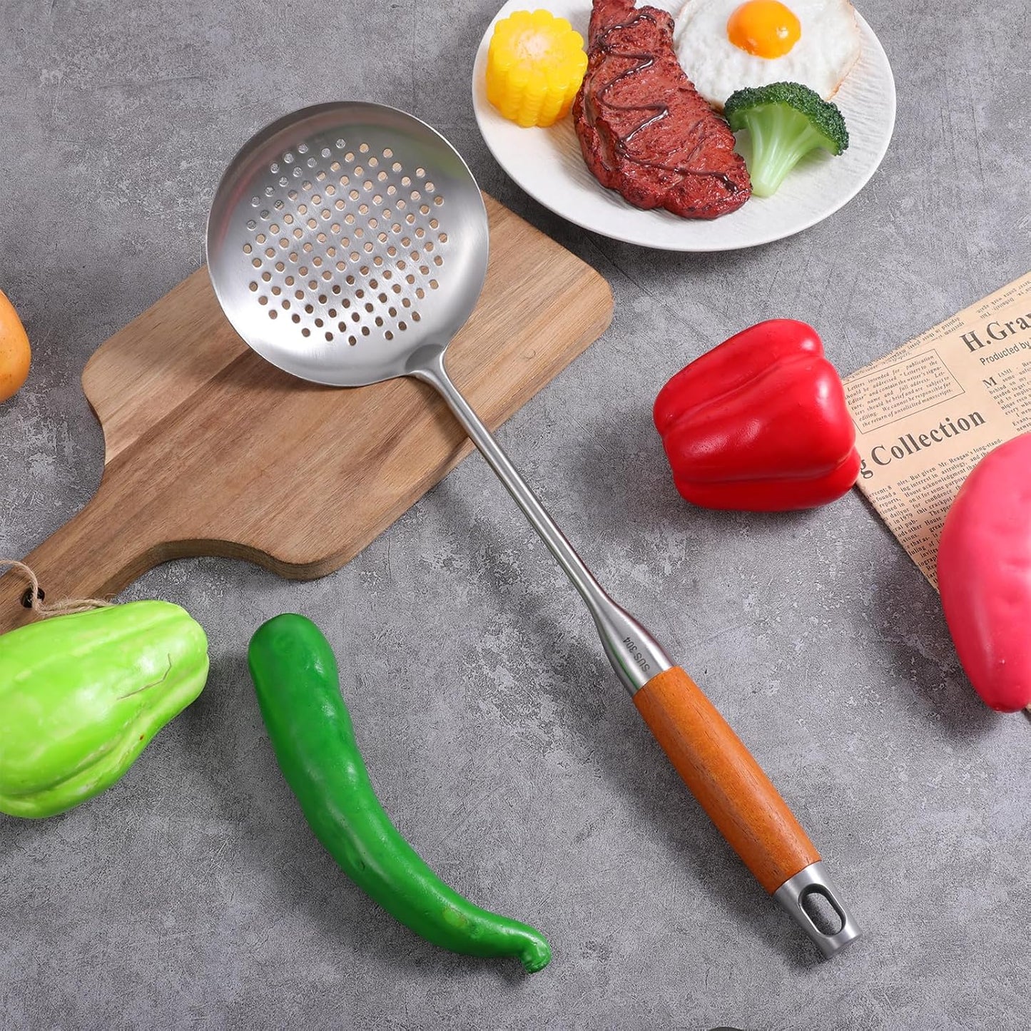 Cuchara ranurada acero inox mango madera espátula wok 14.2pulg