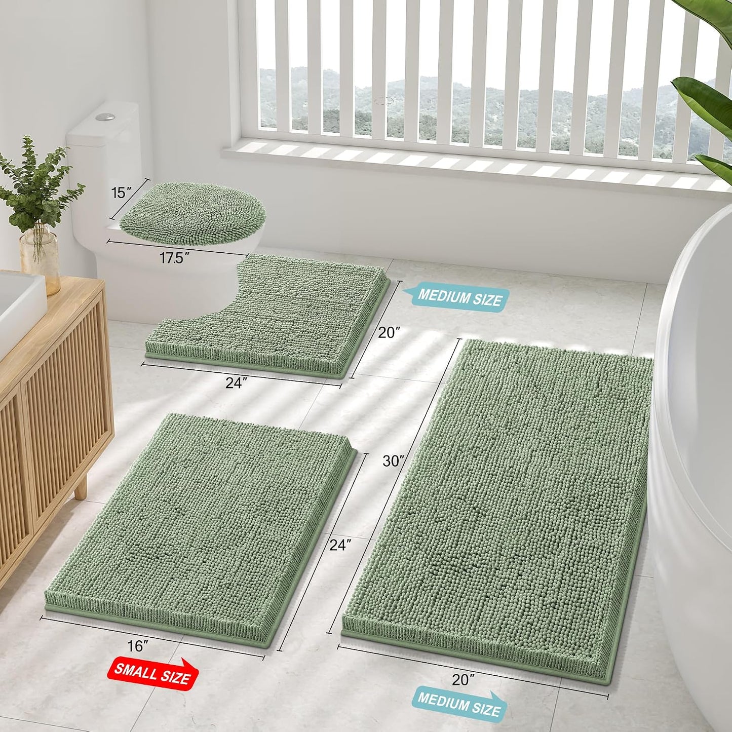 2 Alfombras Baño Felpilla Antiderrap 30x20pulg Verde Salvia