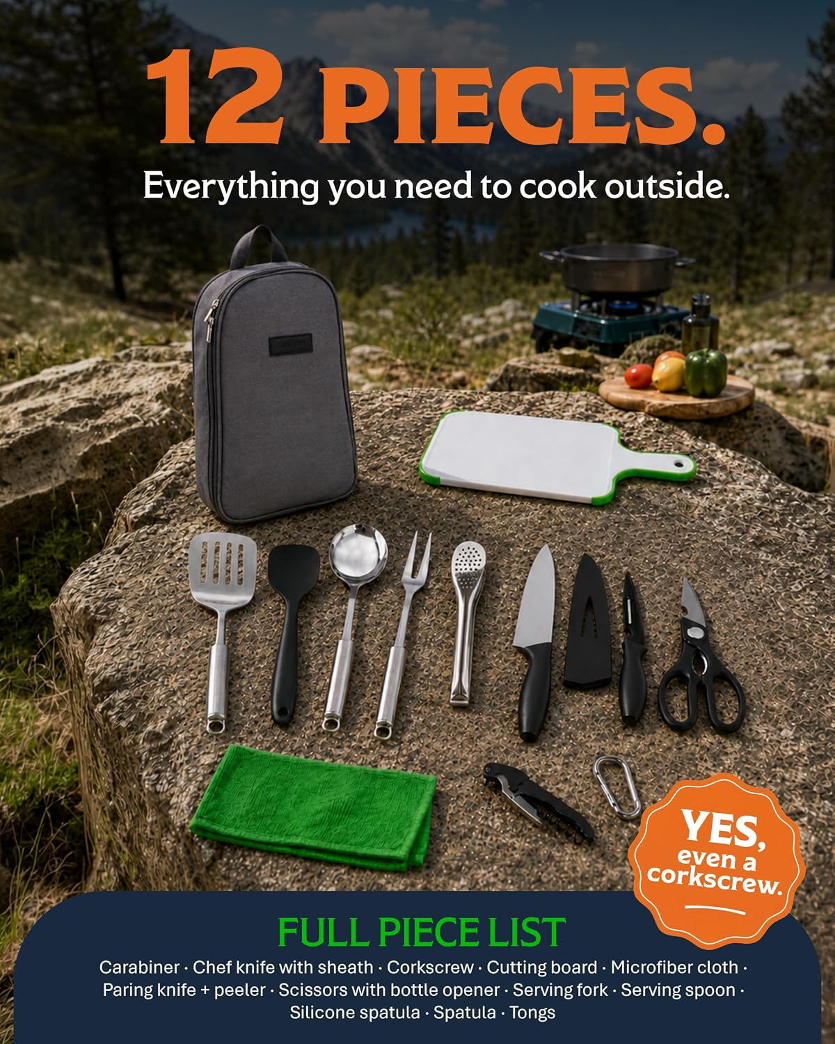 Set 12 Pzas Utensilios Cocina Campamento Estuche Compacto