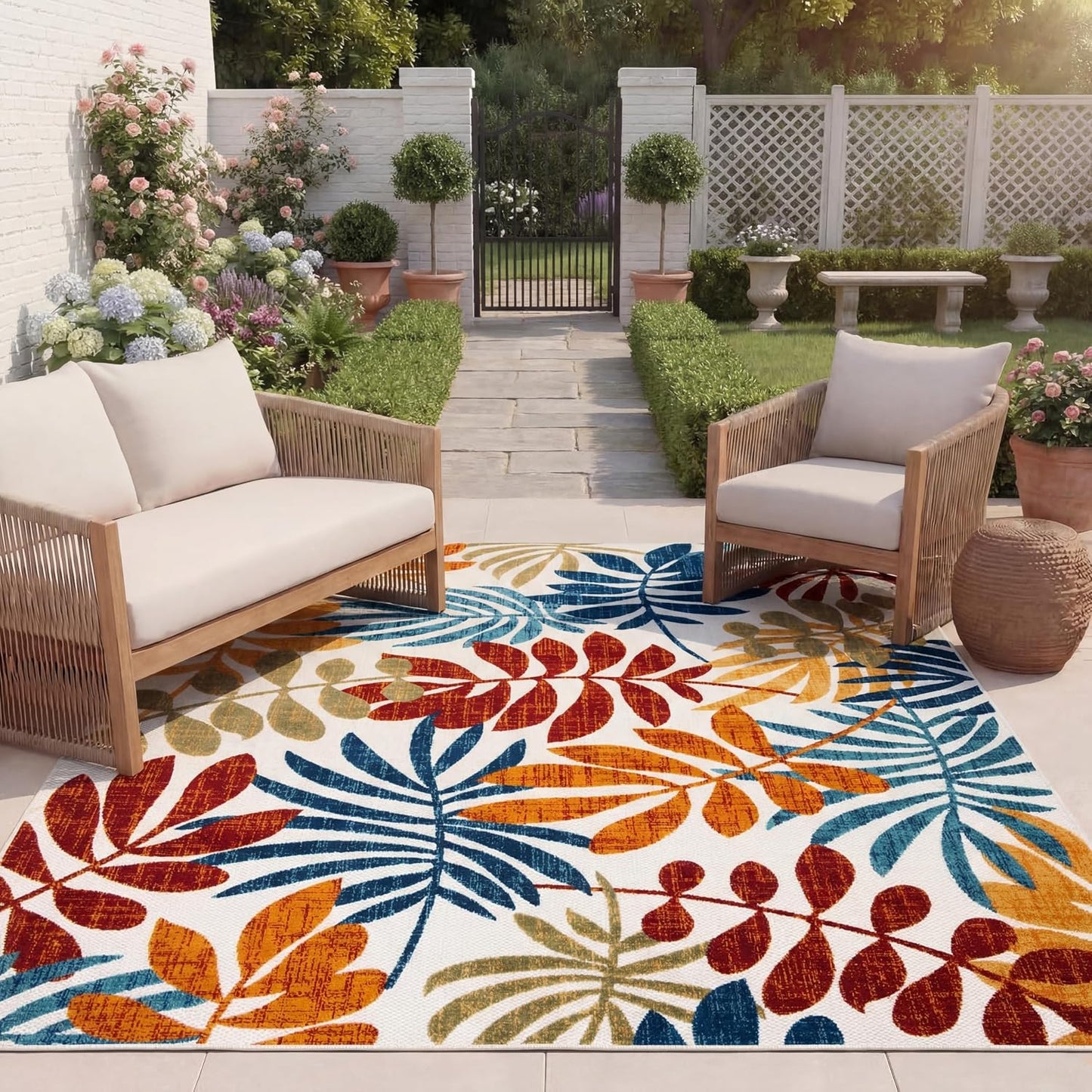 Alfombra exterior lavable 8x10ft crema y rojo