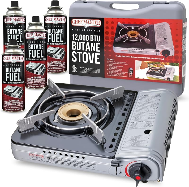 Estufa camping butano 12000 BTU 4 latas 8oz doble protección