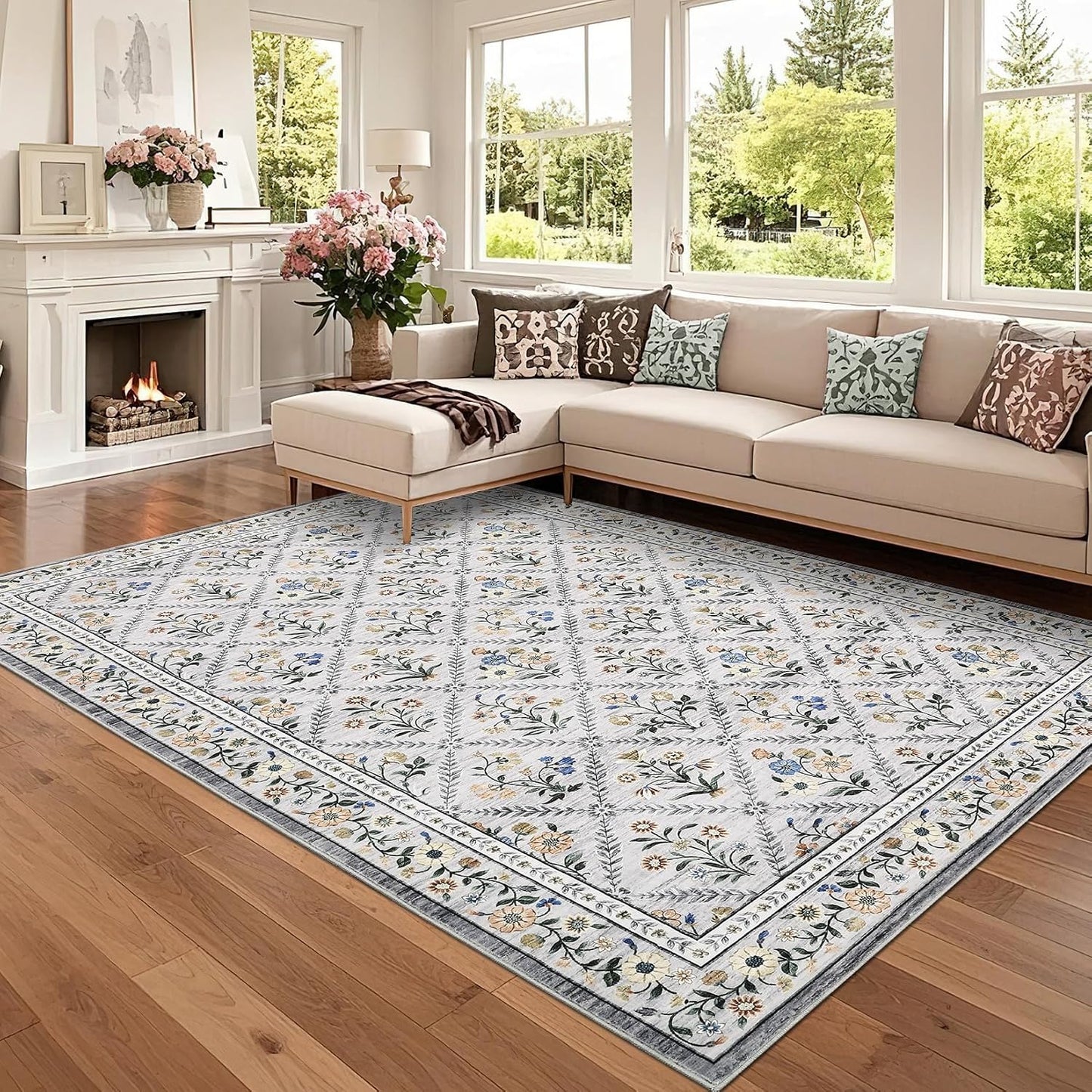 Alfombra sala 5x7 lavable antiderrap floral vintage