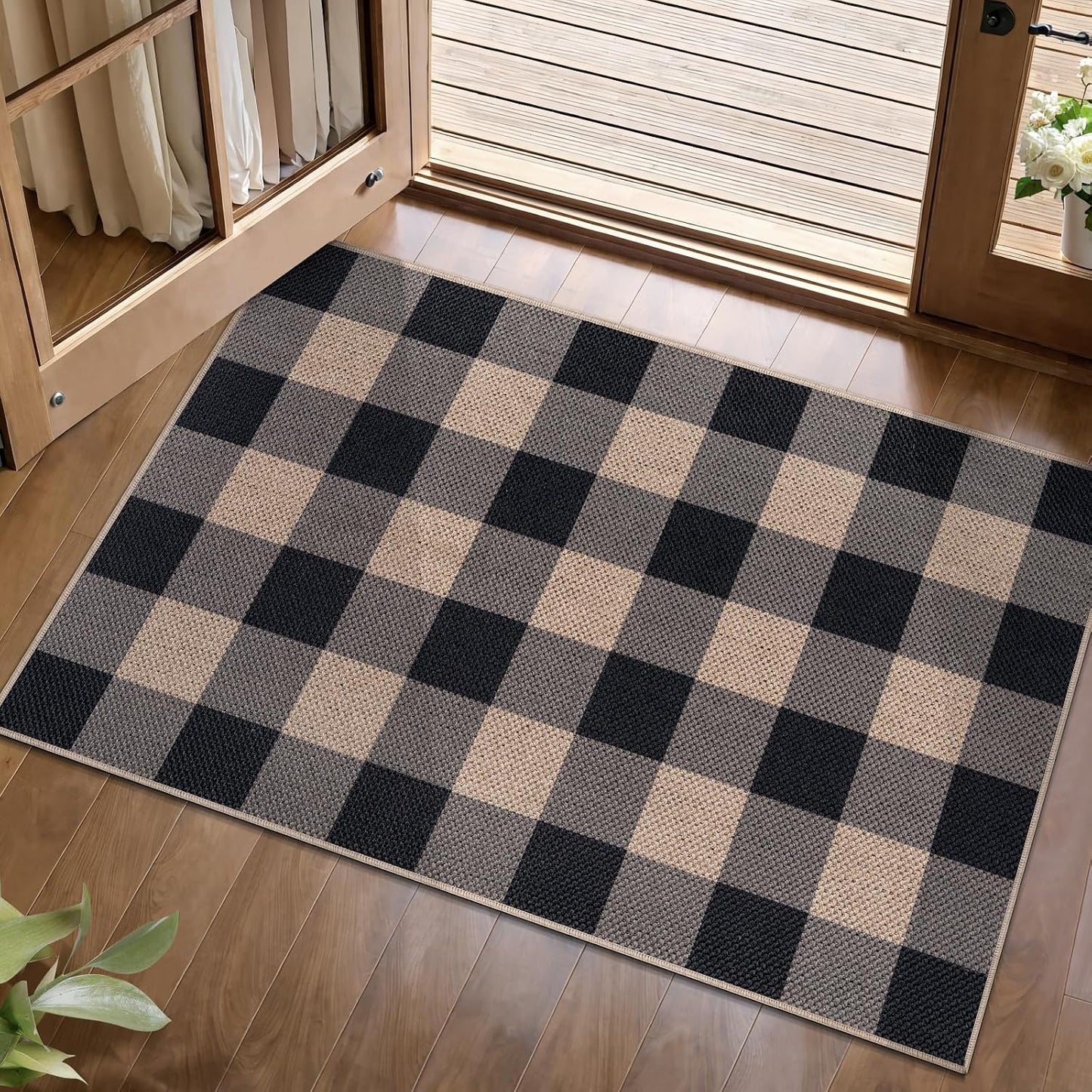 Alfombra yute cuadros 2x3ft antiderrap negro gris entrada