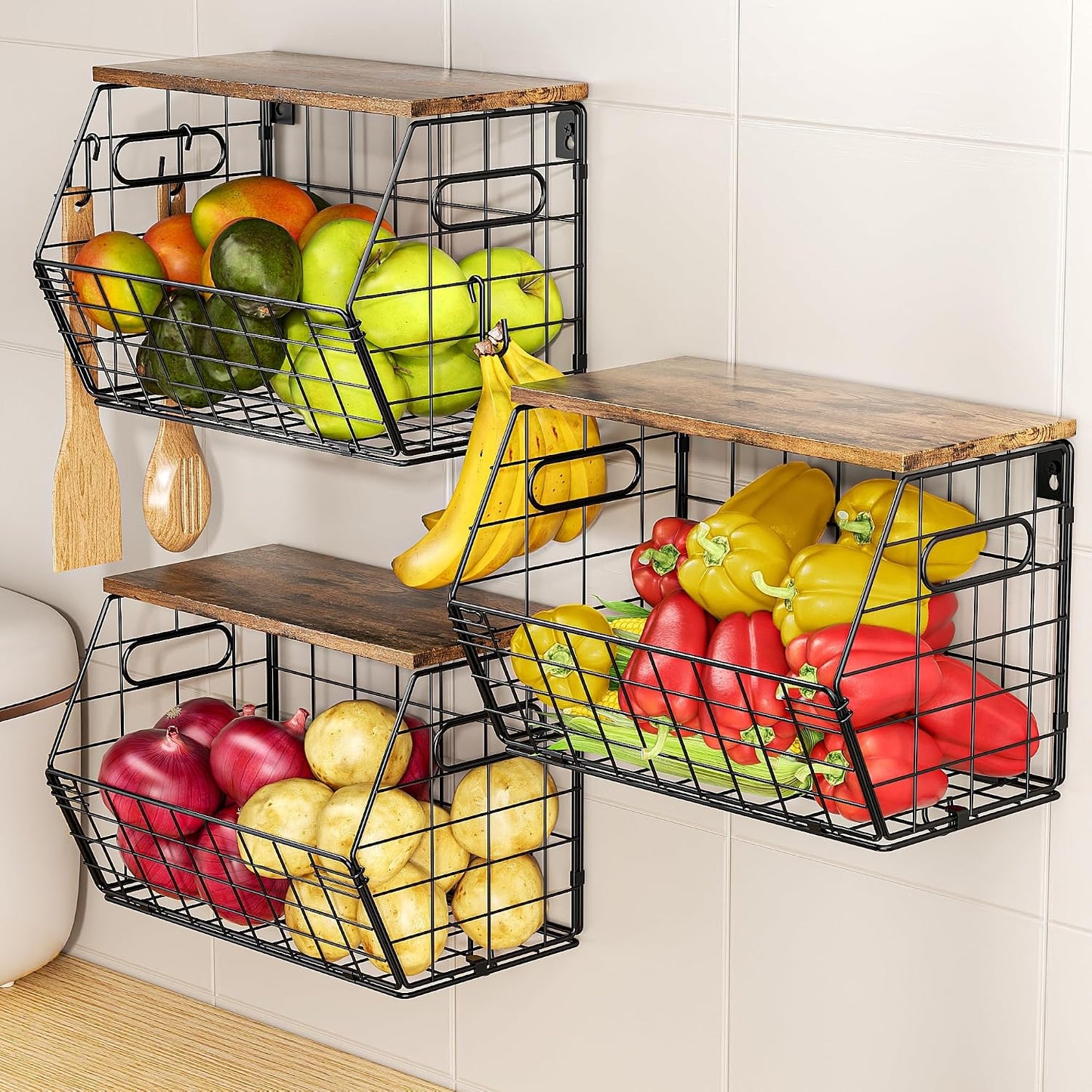Cesta frutas metal tapa madera set 3 organiz. pared cocina