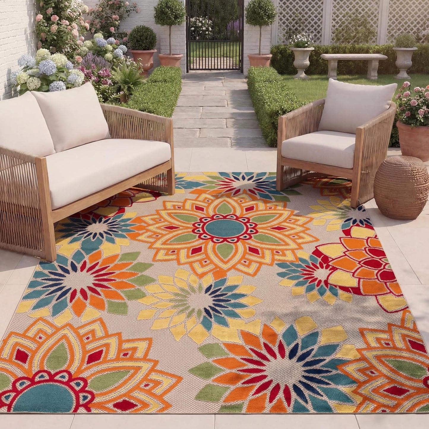 Alfombra exterior lavable 9x12ft marfil y naranja