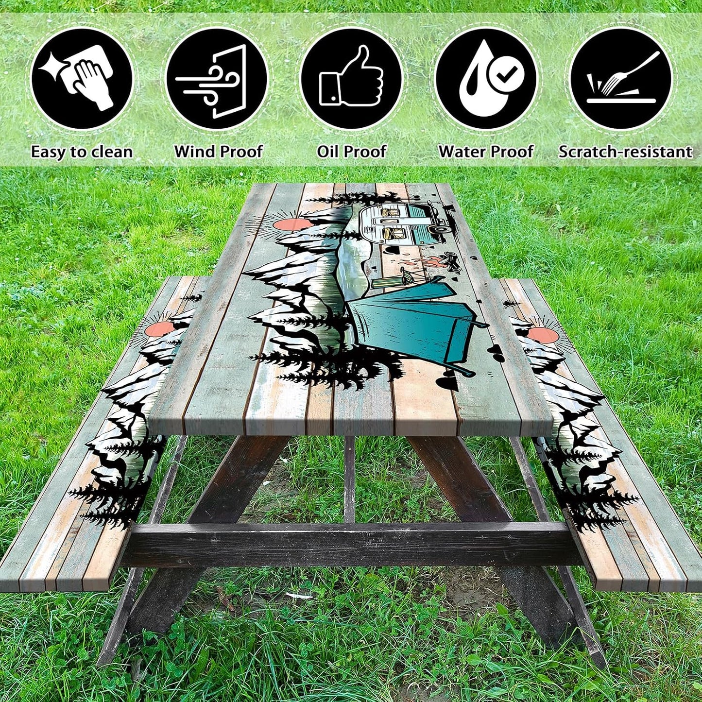 Funda mesa picnic con bancos 6ft tela madera elástica 3 pzas