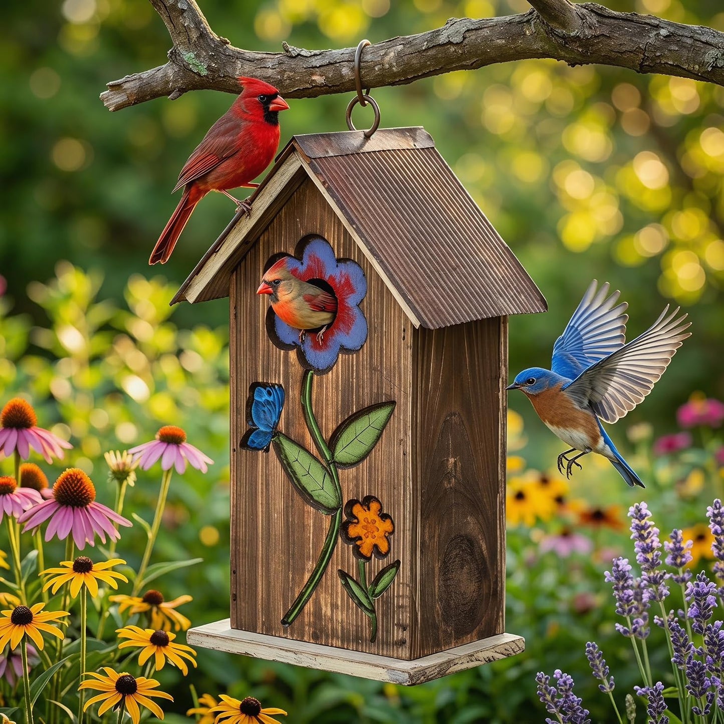 Casa pájaros colgante madera 11" techo metal jardín